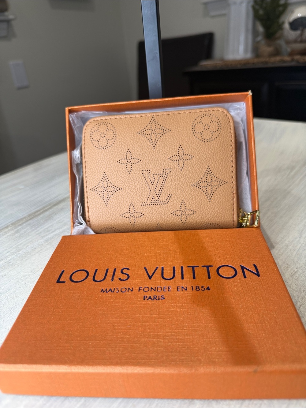 Source Unknown Clea Tan Perforated Monogram Zip Wallet- With Box